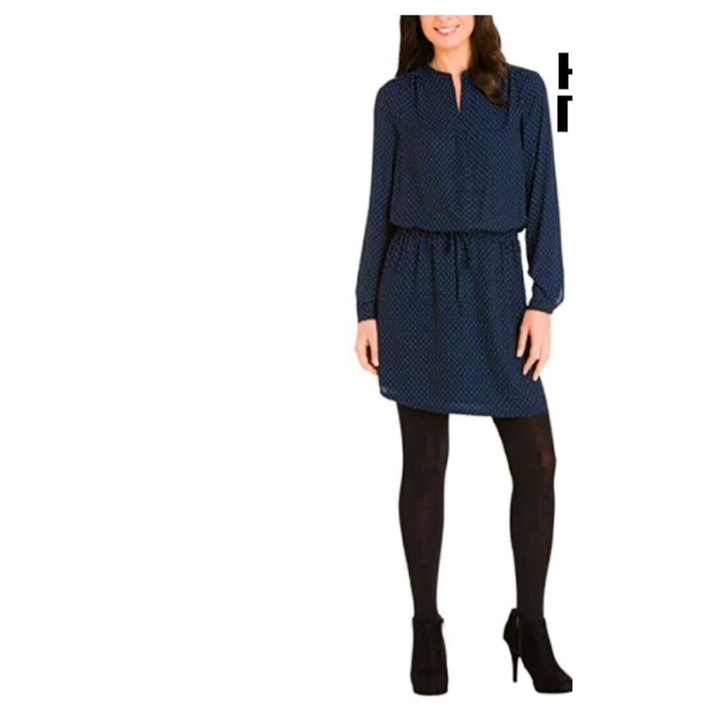 Hilary Radley Tunic Drop Waist Printed Chiffon Semi Sheer Dress M Blue White